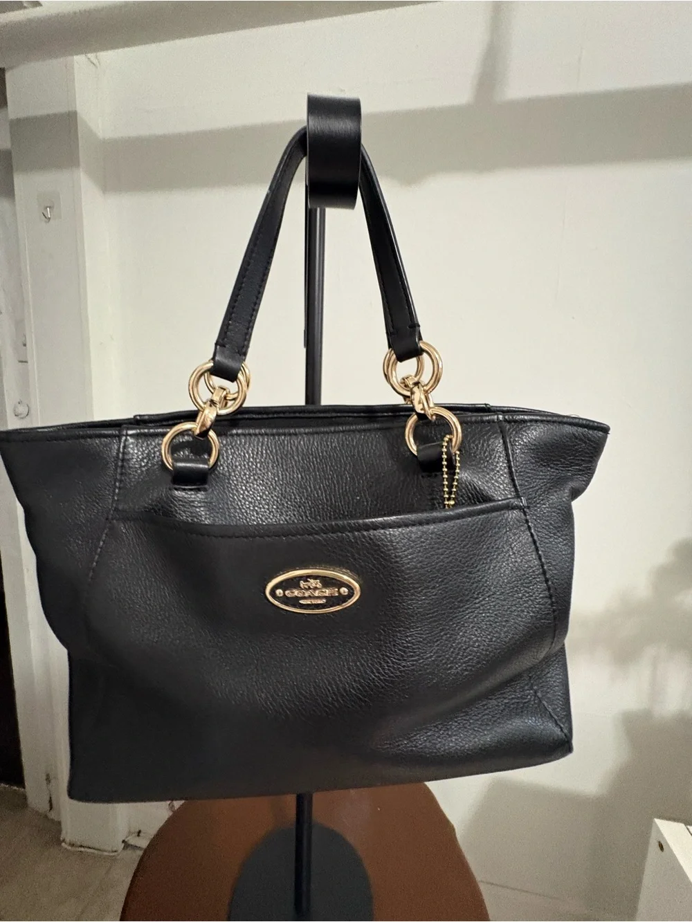 Coach Black Leather Tote with Gold Accents
